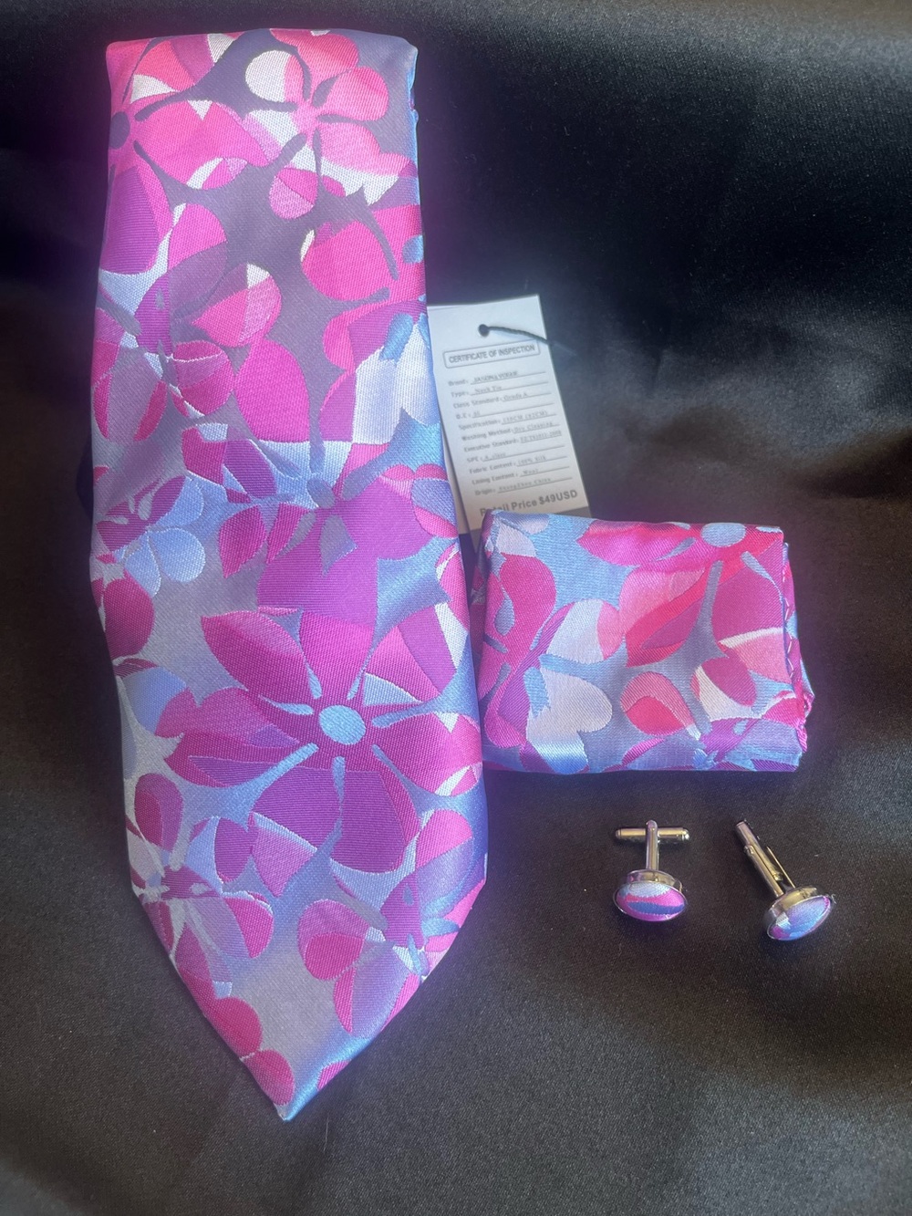 Jason & Vogue Pink Lavender Floral Tie Set with Pocket Square - Picture 5 of 5